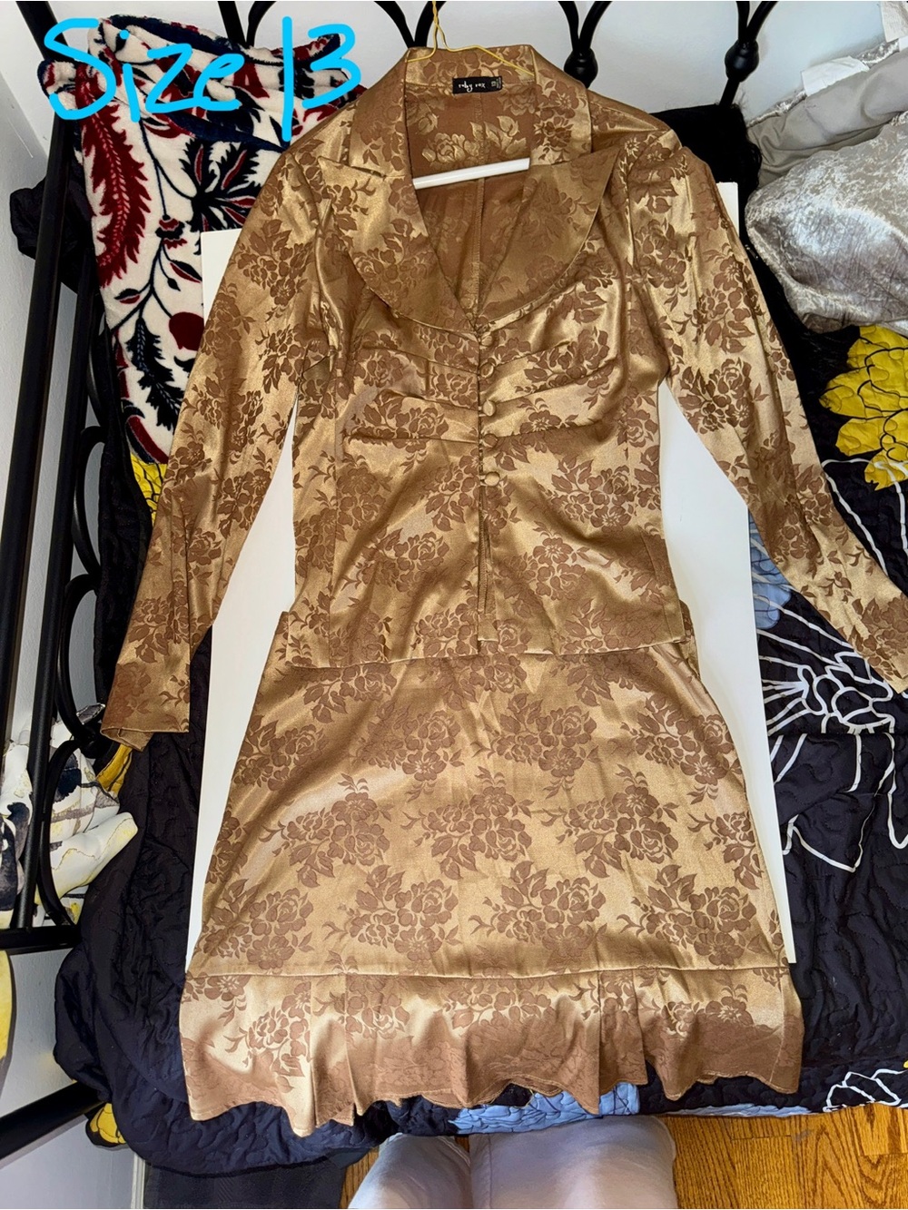 Gold Floral Brocade Women's Suit with Jacket and Skirt